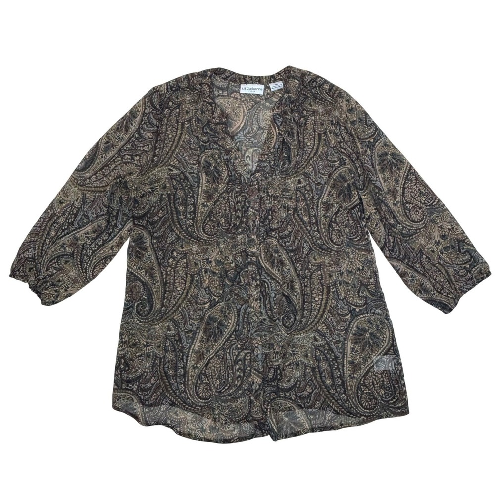 Liz Claiborne Petite Paisley Sheer Boho Blouse Brown Green V-Neck 3/4 Sleeve PM